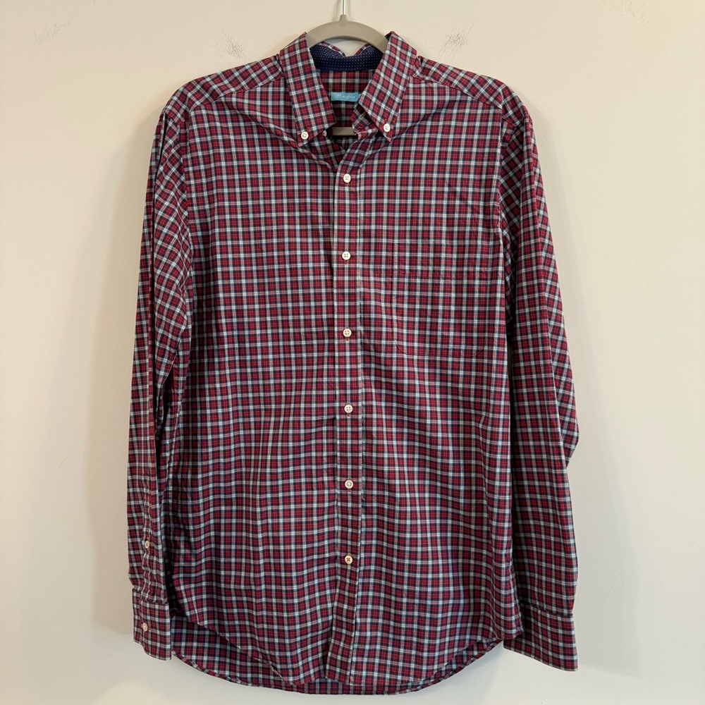 Men’s J. McLaughlin Burgundy and Navy Checkered button up Shirt size small